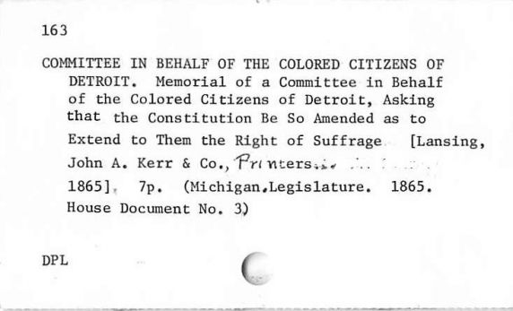Michigan Black History Bibliography Sample Card