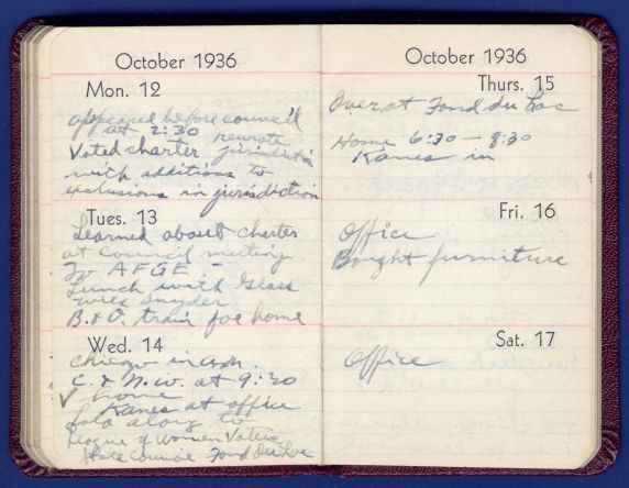 (12362) Arnold Zander appointment book, October 12-17, 1936