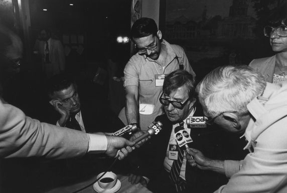 (27814) AFT President Albert Shanker being questioned by the media