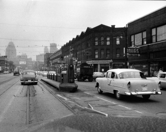 (2847) Streetcars, Gratiot Ave, Hastings Street, Detroit, Michigan 1956