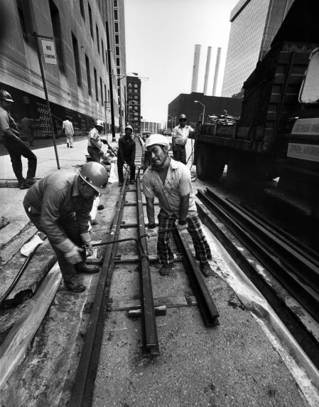 (2849) Street Railway, Laying Tracks, Detroit, Michigan, 1976