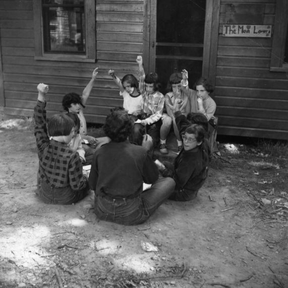 (32342) Counselor and Campers Meet Outside Cabin, Merrill-Palmer Summer Camp