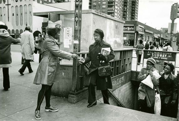 (32692) AFSCME Local 420 member hands out political literature, New York, 1973