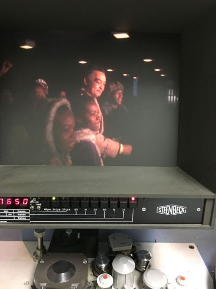 Audiovisual Equipment, Steenbeck, showing Coleman Young film on screen, 2018