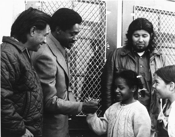 (9922) Cesar Chavez and Bobby Seale meet students from Malcolm X Elementary, 1972