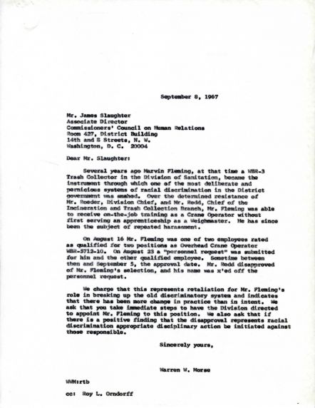 (46696) Letter regarding Marvin Fleming, Washington, DC, 1968