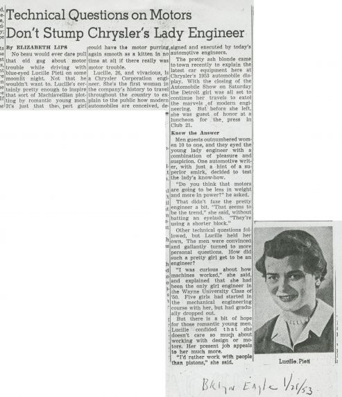 Lucille Pieti, Technical Questions on Motors Don't Stump Chrysler's Lady Engineer, 1953